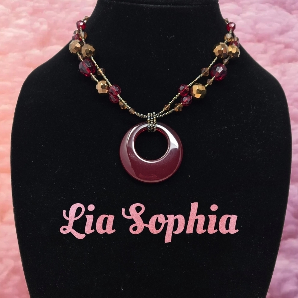 Lia Sophia Maroon-Antique Gold Tone Choker Delicate- Bold Beads Statement Piece